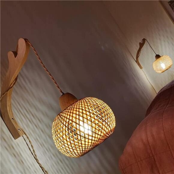 Bamboo Lantern Plug in Wall Sconces Wicker Wall Lamp with Plugin Cord Hand Woven - Picture 3 of 7